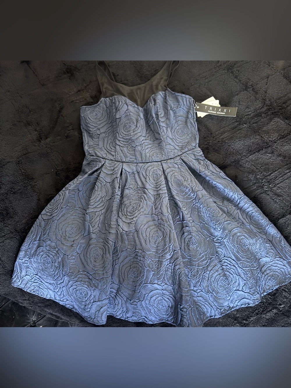 TRIXXI NWT Illusion Rose Textured Fit + Flare Formal Mini Dress Blue Black Sz 11